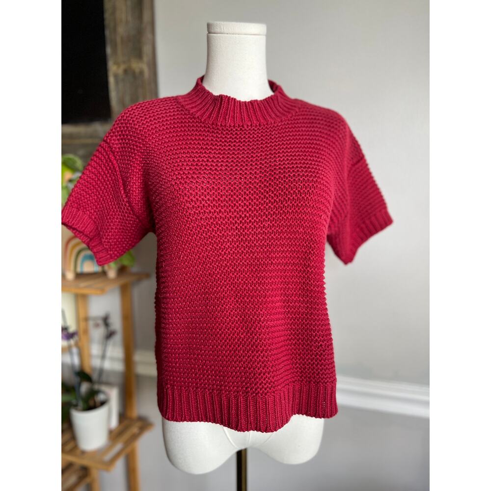Vintage 80s Red Knit Blouse Short Sleeve Cropped Cotton Size Medium